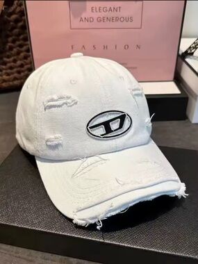 Others White Distressed Cap with Black Trim Oval Logo